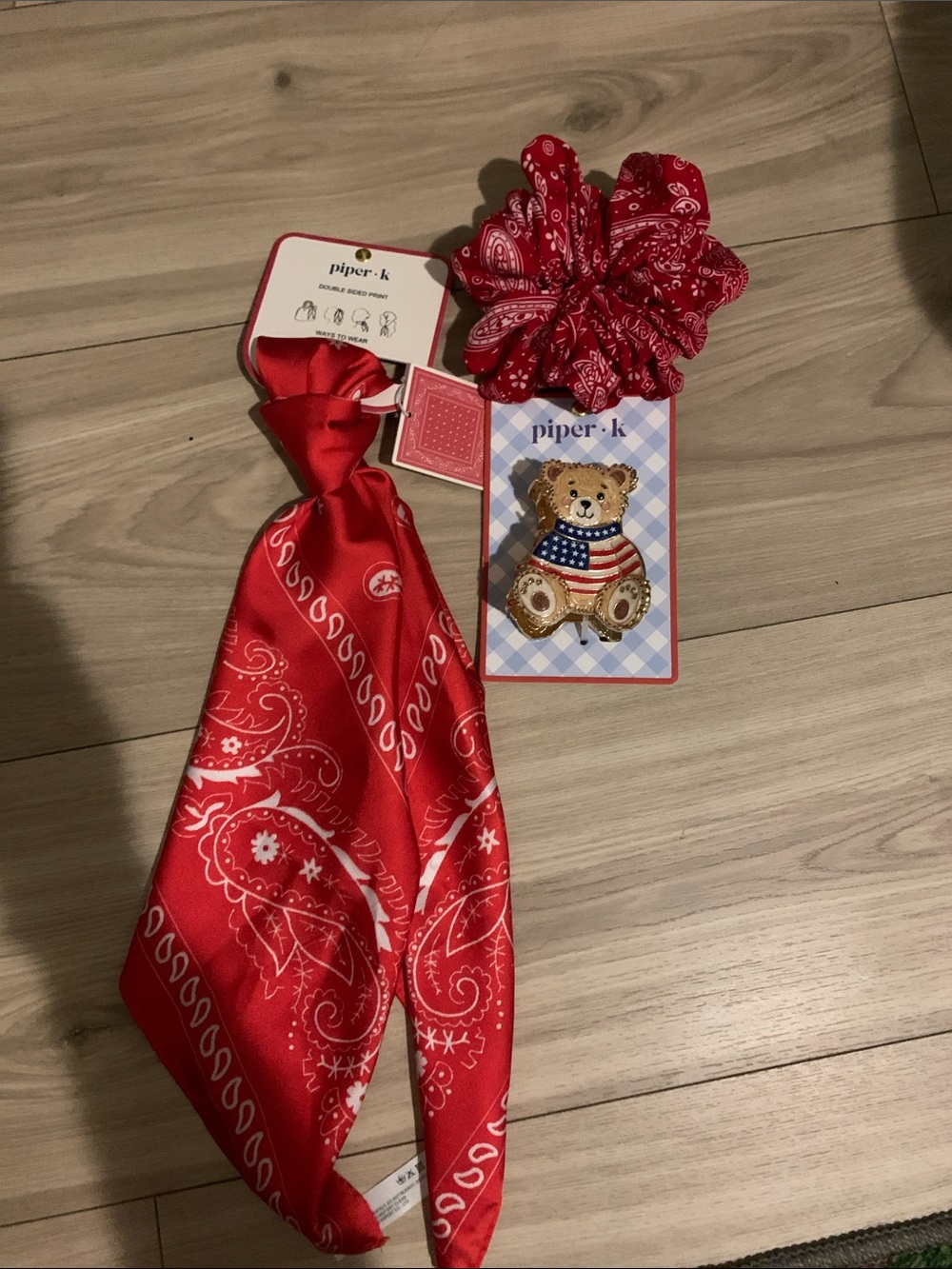 Piper K Red Paisley Bandana Scarf with Matching Red Scrunchie * Teddy clip.